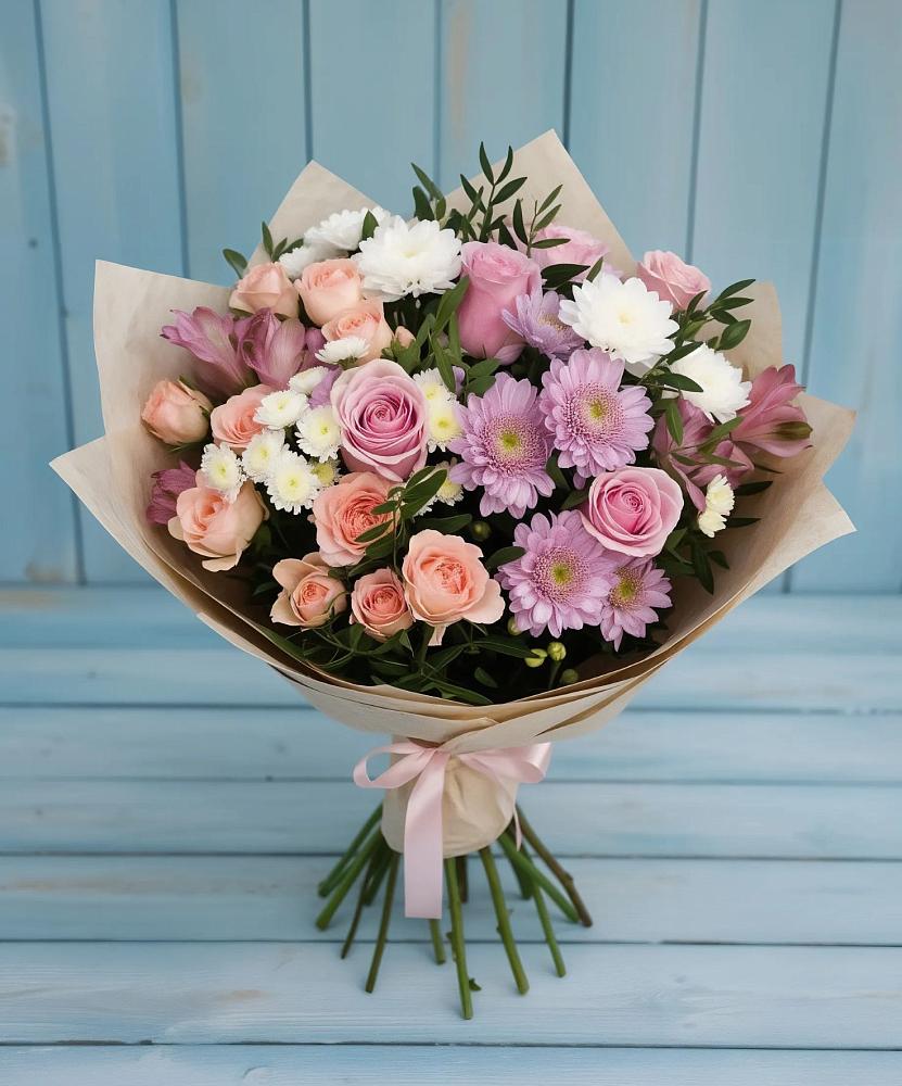 Букет цветов из: Хризантемы, Розы и Альстромерии в Ершово