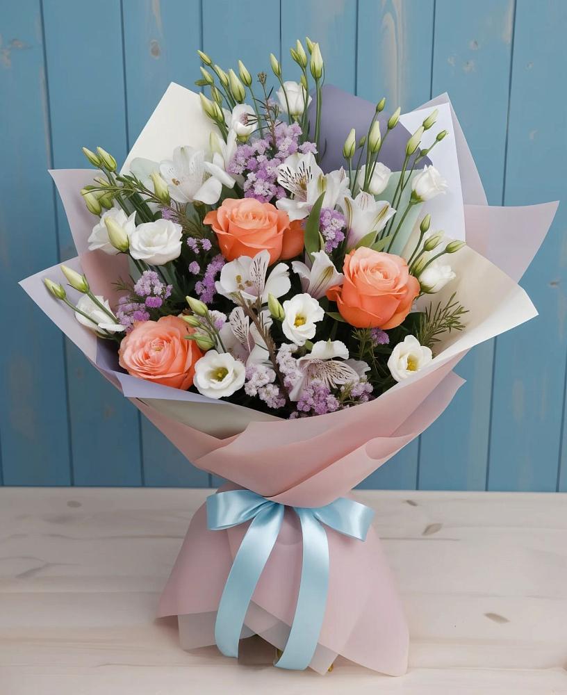 Букет цветов из: Лизиантусы, Розы, Альстромерии и Гипсофила в Ершово