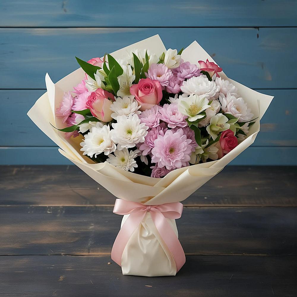 Букет цветов из: Хризантемы, Альстромерии и Розы в Ершово